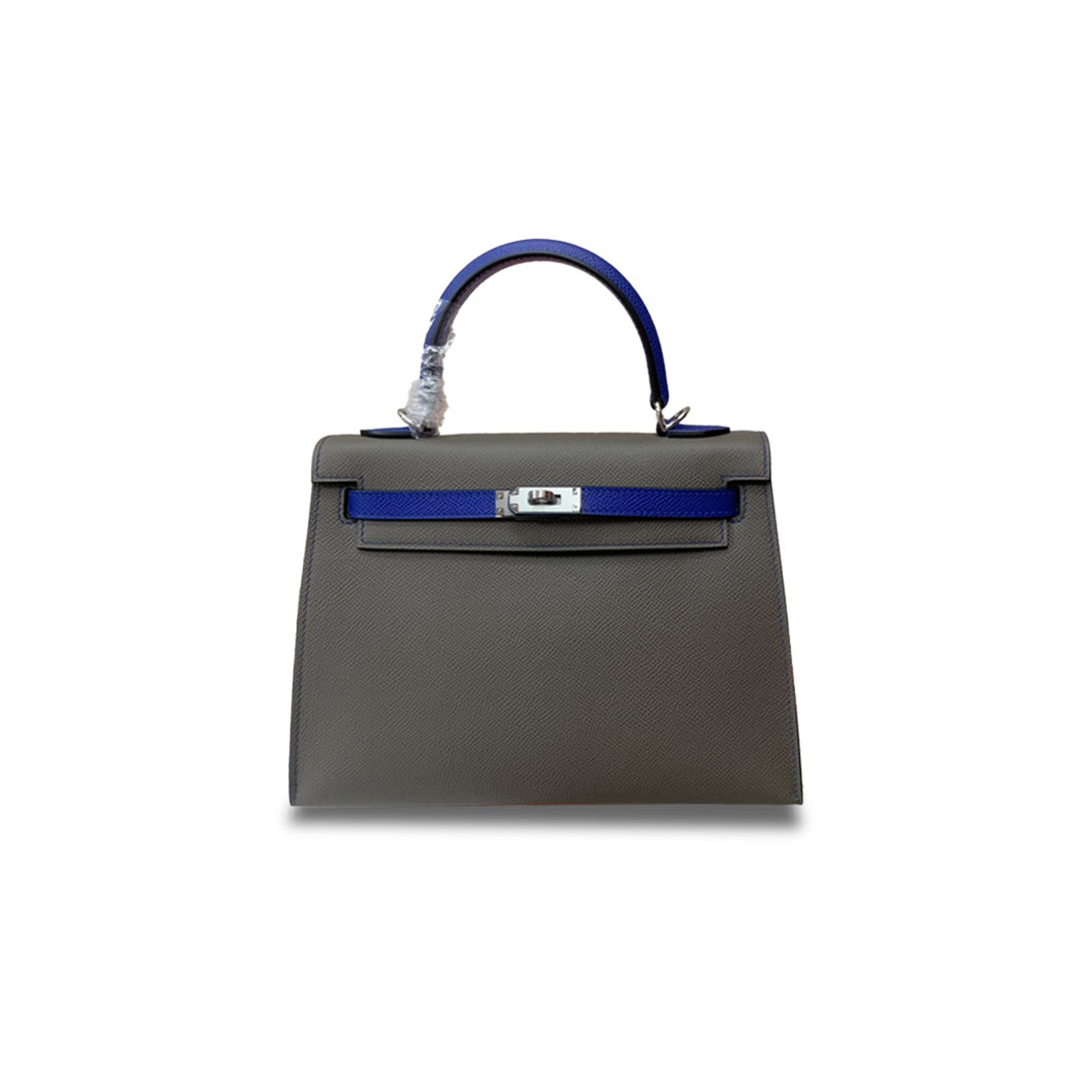 HERMÈS MASTER KELLY 25CM EPSOM PEWTER GRAY ELECTRIC BLUE SILVER BUCKLE (25*17*7cm)